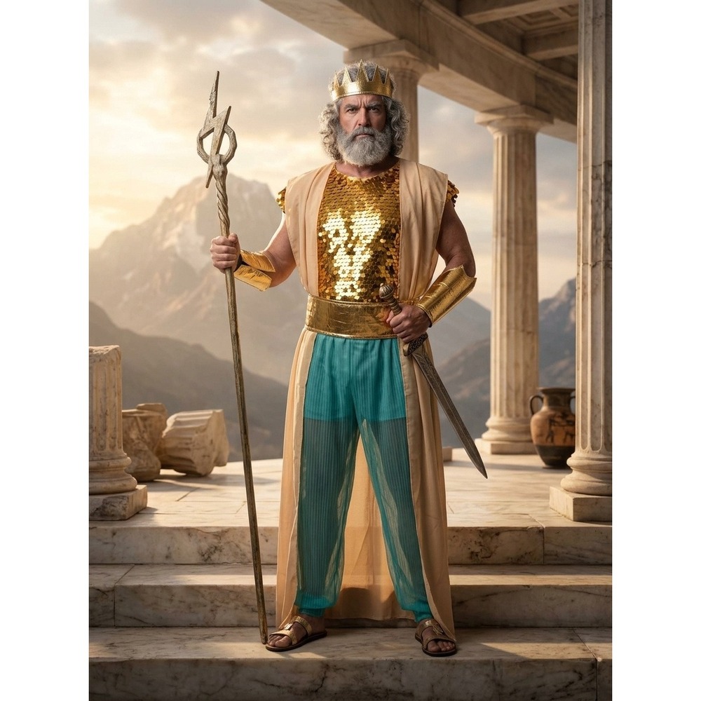Ancient Greek God Zeus Poseidon King Costume Gold Sequin Teal Mens Set